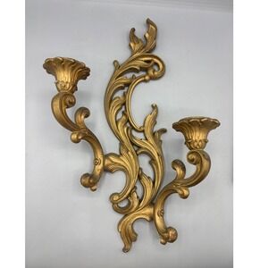 Vtg Gold‎ Tone Double Candle Wall Sconce Hollywood Regency Decor